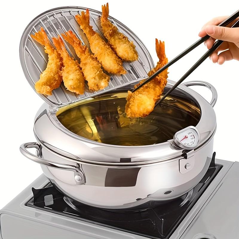 1pc Deep Fryer, Jumi Japanese Tempura Deep Fryer, Stainless Steel Frying Pan With Thermometer, For Frying Beef Patties, Fried Chicken Willow