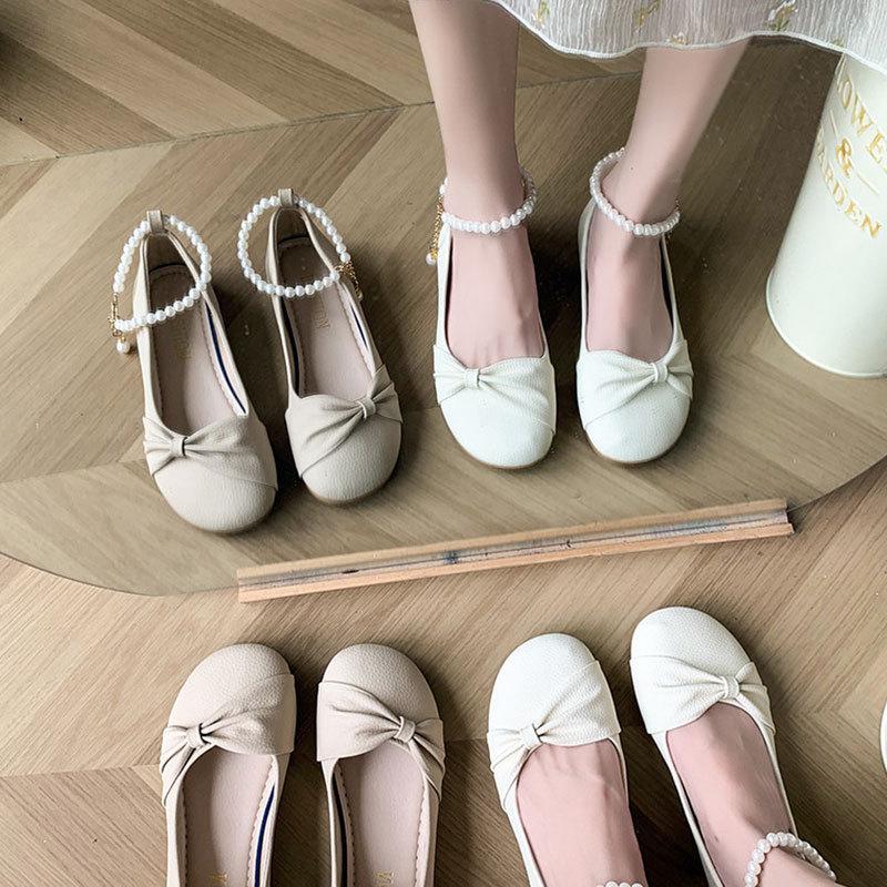 Mary Jane Shoes Women's Shoes 2025 Spring New Pearl Bow Flats Shallow Mouth Fairy Style with Skirt Single Shoes