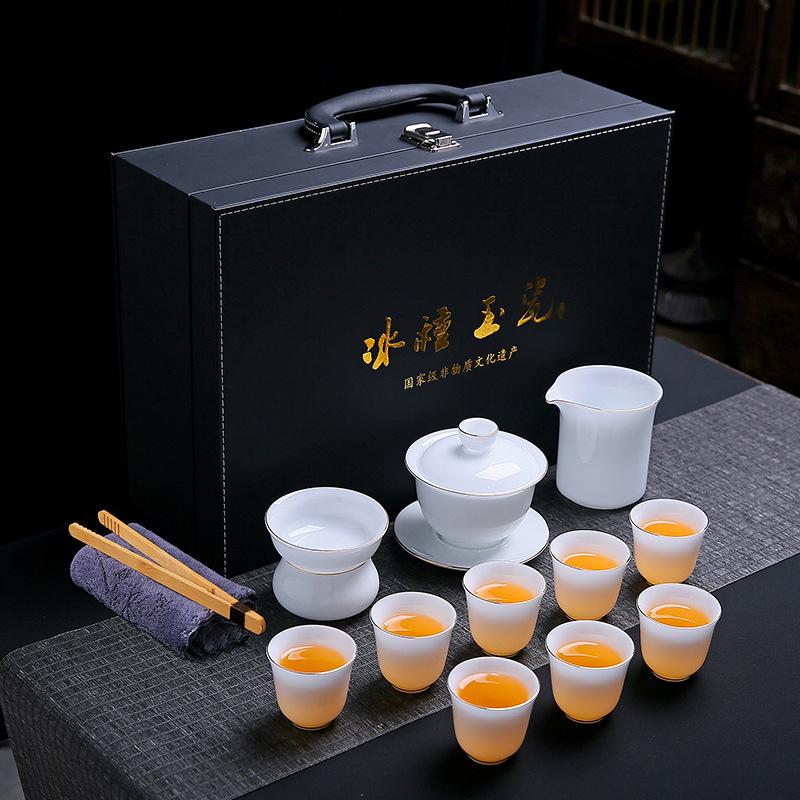 High-grade suet jade ice seed jade porcelain kung fu tea set company business gift household cover bowl gift box