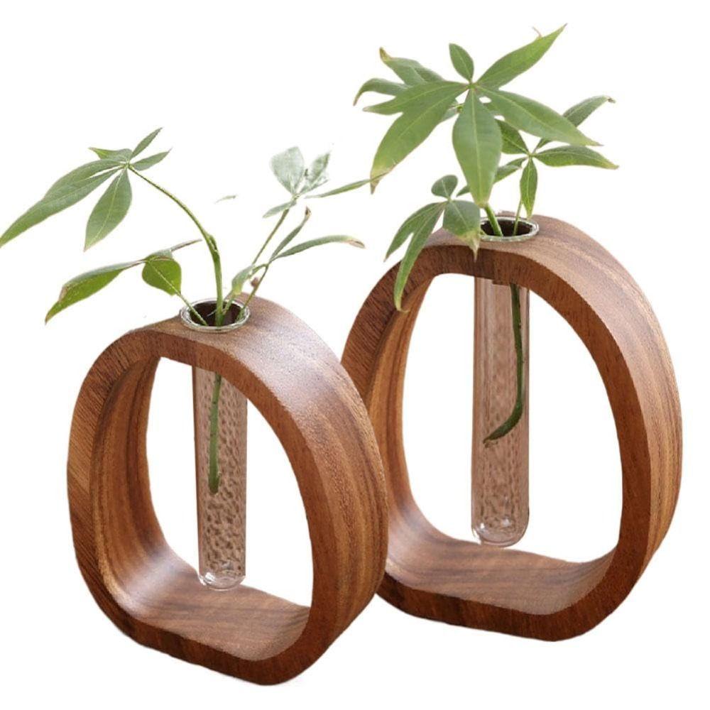 Test Tube Shape Solid Wood Flower Vase Vase Ornaments Wooden Stand Hydroponic Flower Vessel Clear Glass Vase