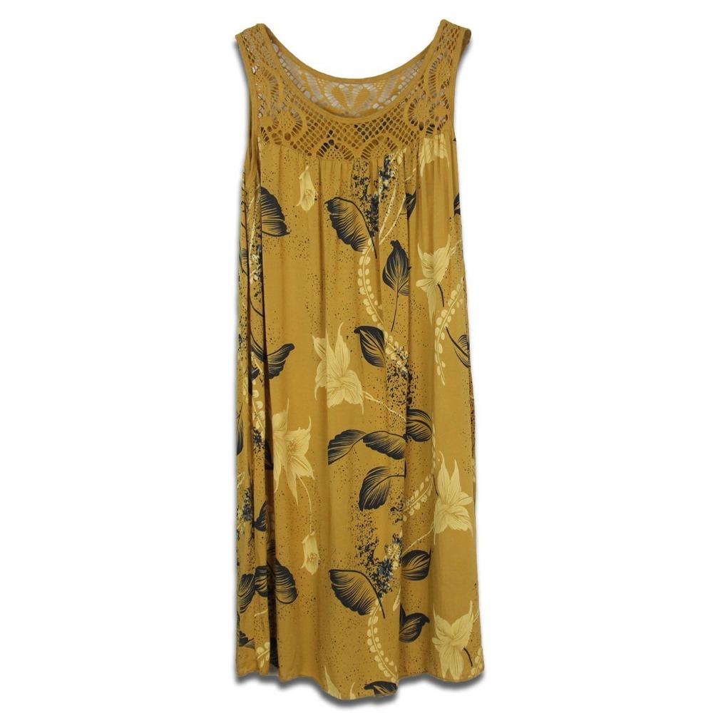 Плюс размер Цветочный принт кружева строчка О-образный вырез без рукавов Женское летнее свободное платье-майка