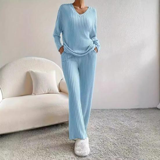 2 шт./комплект женский весенний комплект для поездок на работу топ и штаны комплект с V-образным вырезом длинный рукав топ с высокой талией спортивный костюм эластичная повседневная одежда одежда для сна