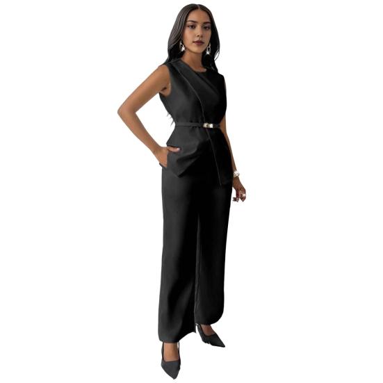 1 комплект женский топ-брюки костюм нарядный повседневный летний однотонный безрукавка рубашка с поясом широкие брюки комплект из двух частей домашний костюм