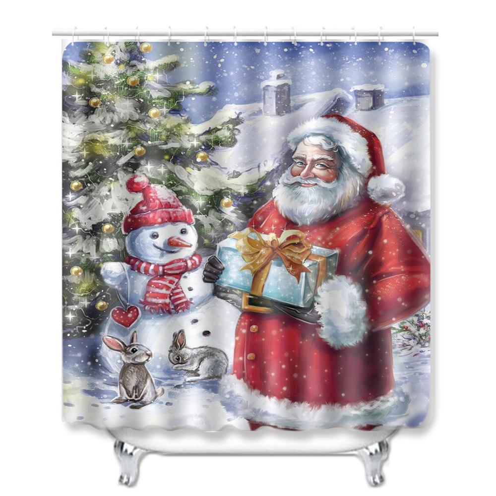 Christmas Shower Curtain Floor Mat Combination Four-Piece Set Bathroom Toilet Carpet Shower Room Mat Foot Mat