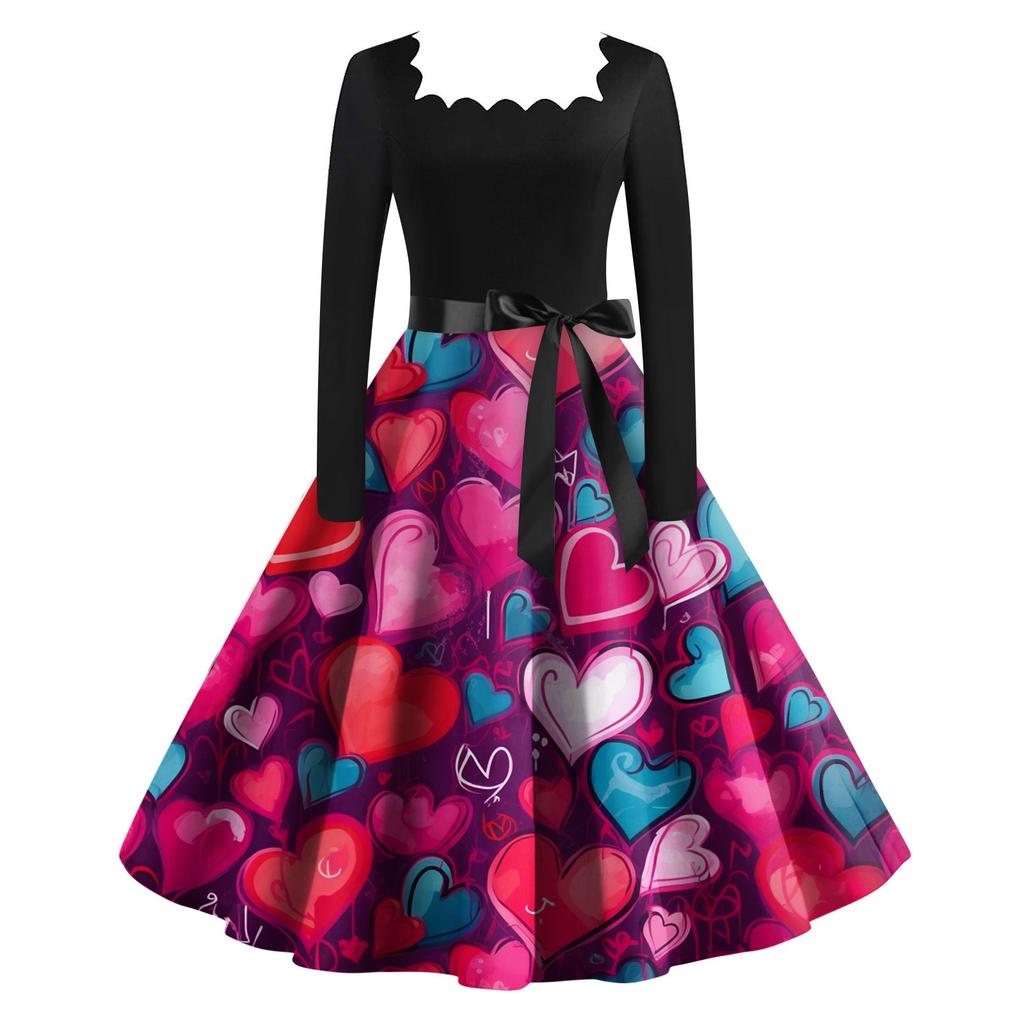 Женское винтажное классическое платье с длинным рукавом и принтом ко Дню святого Валентина, свободное платье с квадратным воротником