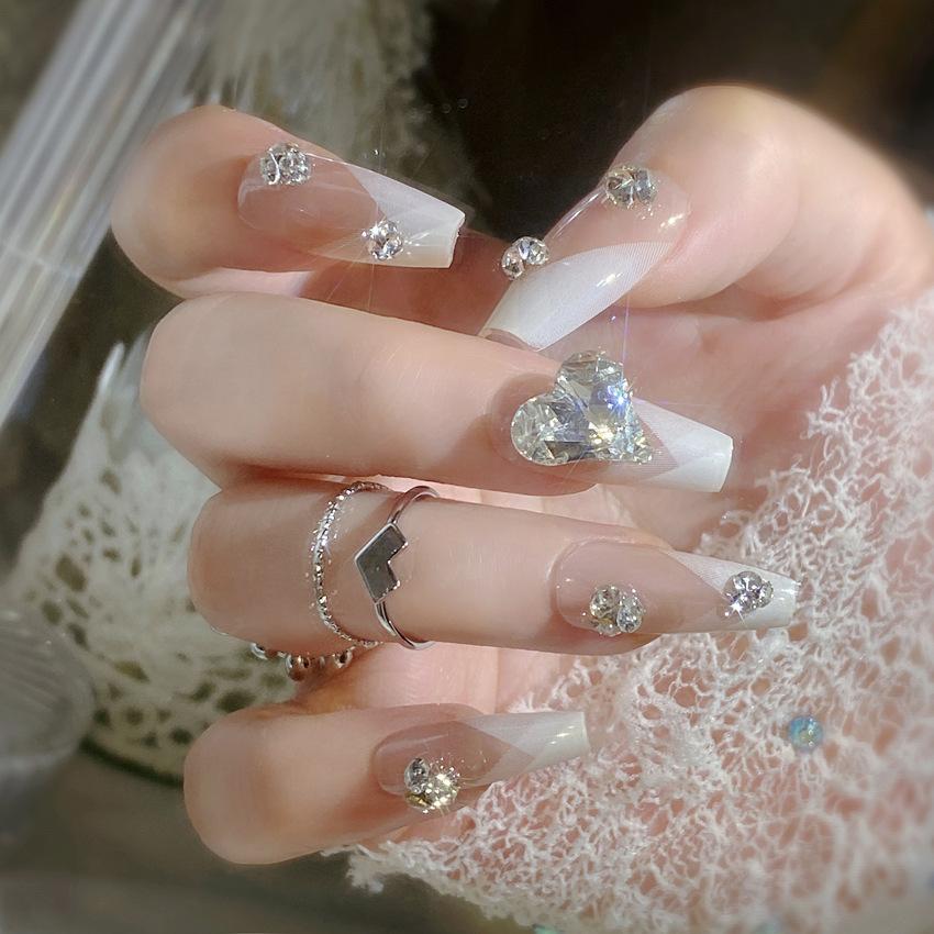 24Pcs Long Ballerina Press On Nails Sparkly Diamond And White Pearl Clear False Nails For Women Bride Wedding