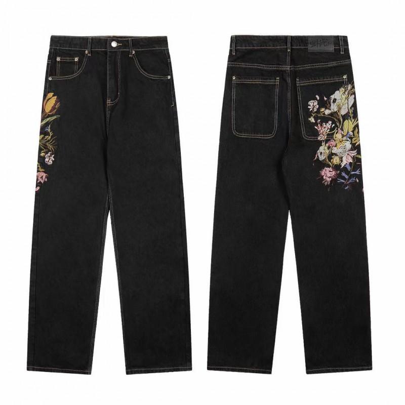 Mens Loose Straight Fit Denim Pants With Floral Embroidery Casual Streetwear Jeans
