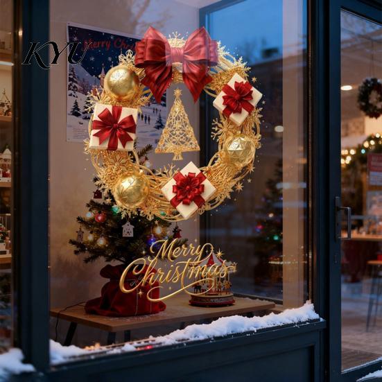 Indoor Festive Atmosphere Christmas Wreath Static Window Sticker, Decorative Decals for Glass Doors And Windows, Holiday Scenery Accessories Removable