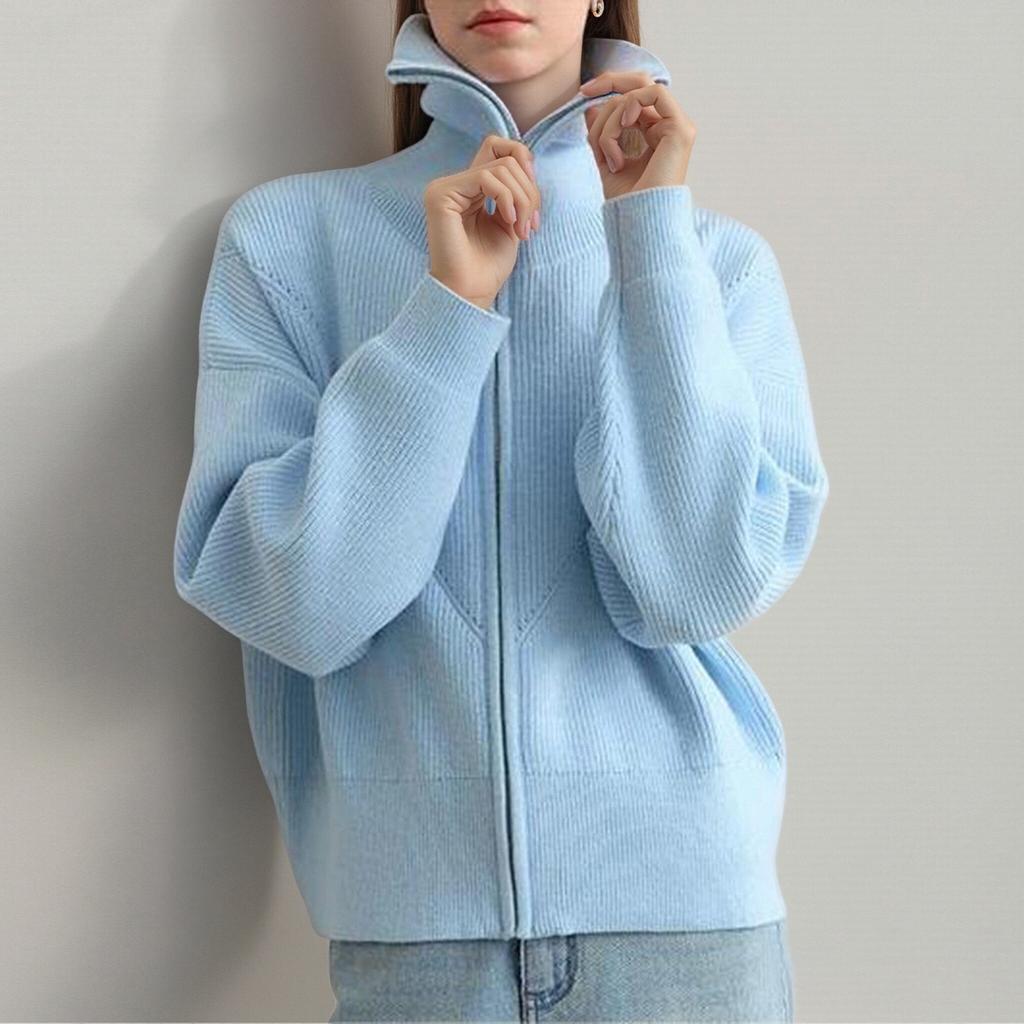 Женский модный повседневный топ укороченный с воротником поло темно-синего цвета и длинным рукавом, ленивый стиль, вязаный кардиган на молнии, куртка