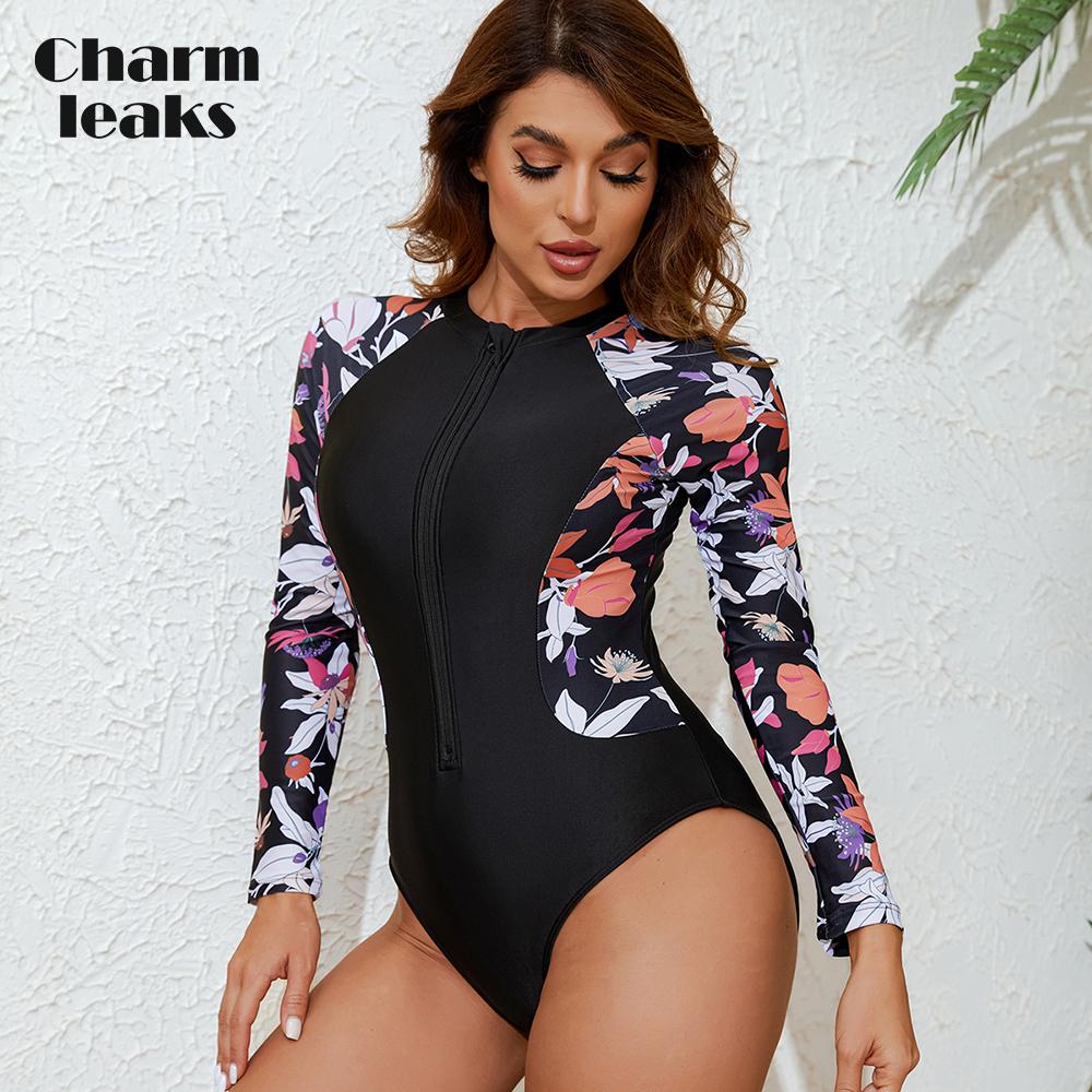 CHARMLEAKS Women's Swimsuit Long Sleeve Printed Surfing Suit Zipper Style Swimsuit One-piece Swimsuit Large Conservative Diving Suit Rash Guard