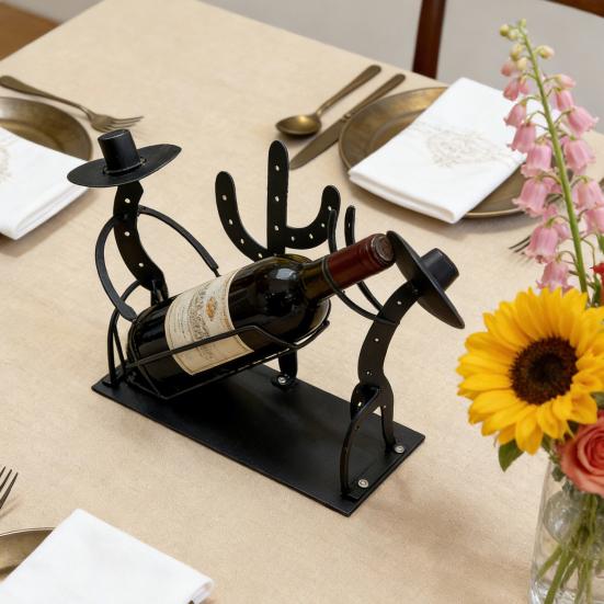 Wine Bottle Holder Cowboy Cactus Silhouette Rustic Southwestern Metal Wine Rack Tabletop Stable Storage Organizer Dining Room Western Decor