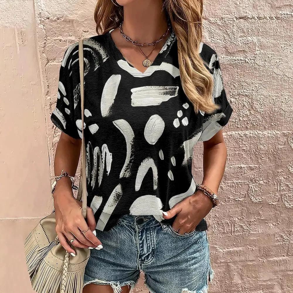 Летняя женская футболка с винтажным цветочным принтом и V-образным вырезом, футболки, женская модная тенденция, одежда с коротким рукавом, женская повседневная одежда
