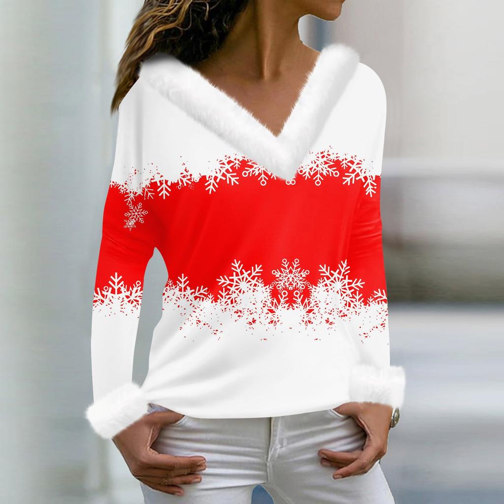 Женская мода повседневная плюшевая кофта с длинным рукавом и V-образным вырезом с рождественским принтом