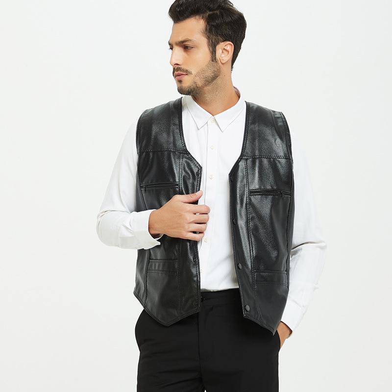 Мужская кожаная жилетка на флисовой подкладке с множеством карманов для осени и зимы - Стиль с V-образным вырезом для пап и пожилых людей