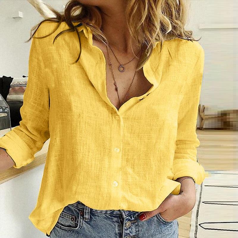 Turn Down Collar Long Sleeve Buttoned Cotton Shirts Women Solid Color Loose Plus Size Tops White Blue Blouse