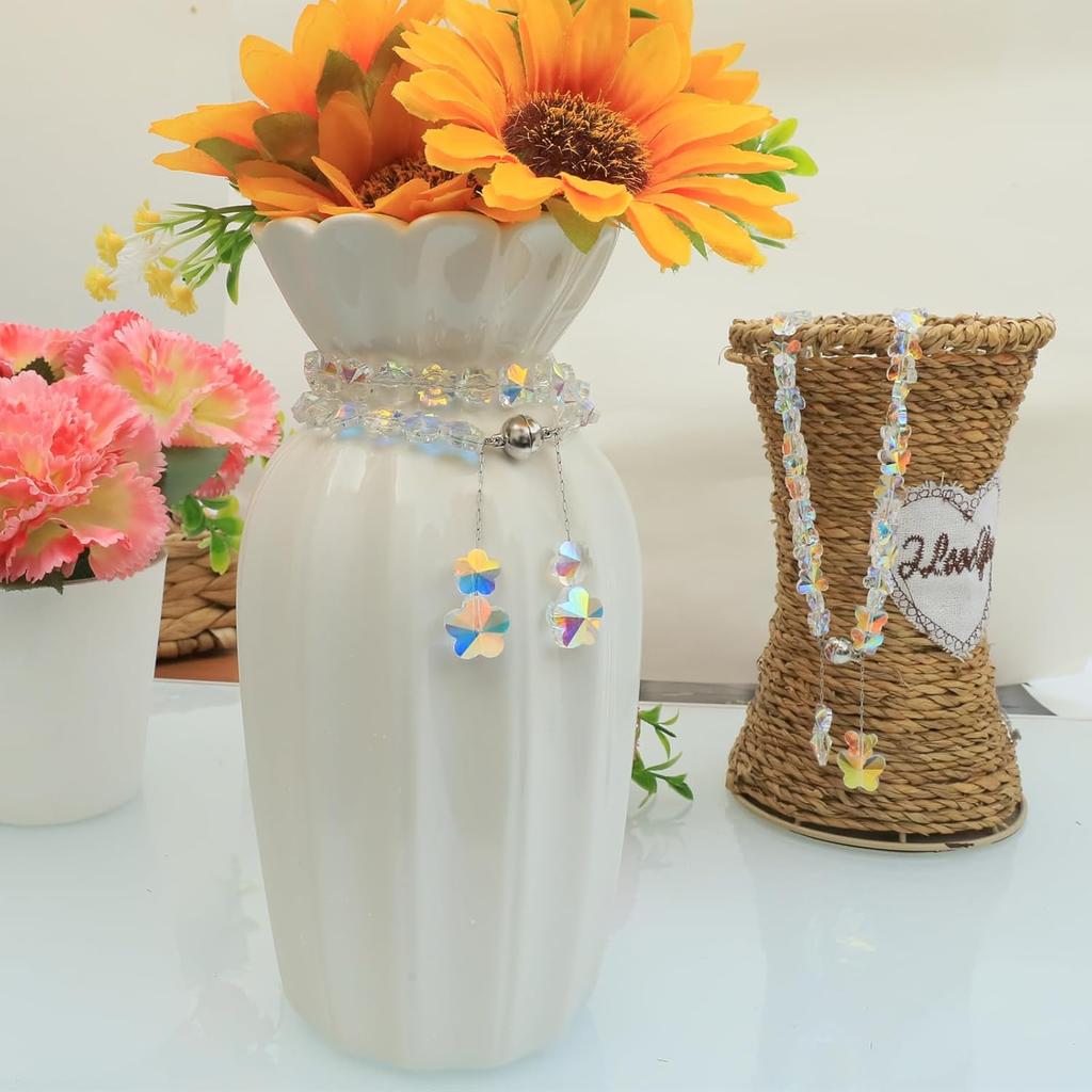 Magnetic Curtain Tiebacks,Crystal Beads Rope Drapery Holdbacks Holder for Small,Thin or Sheer Window Draperies,15 Inch Long,2 Pack (Flower)