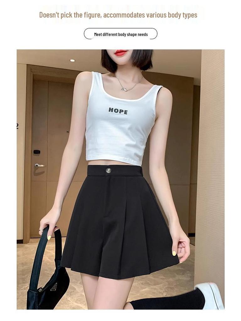 Women's 2024 Summer Black Pleated Wide-Leg High-Waisted A-Line Shorts