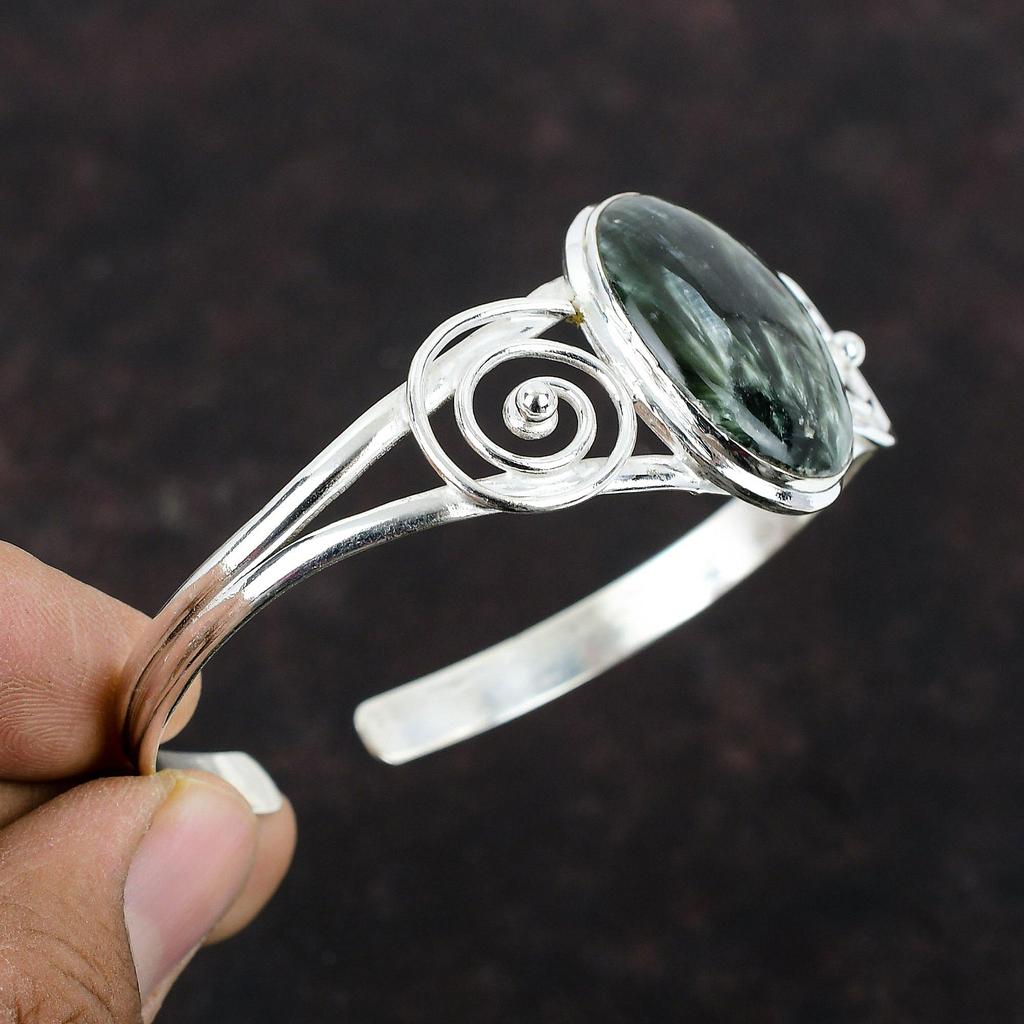 Браслет-манжета с серафинитом, регулируемый браслет, браслет из стерлингового серебра 925 пробы, браслет с драгоценными камнями, ювелирные изделия ручной работы, серебряный браслет-манжета, подарок для мамы