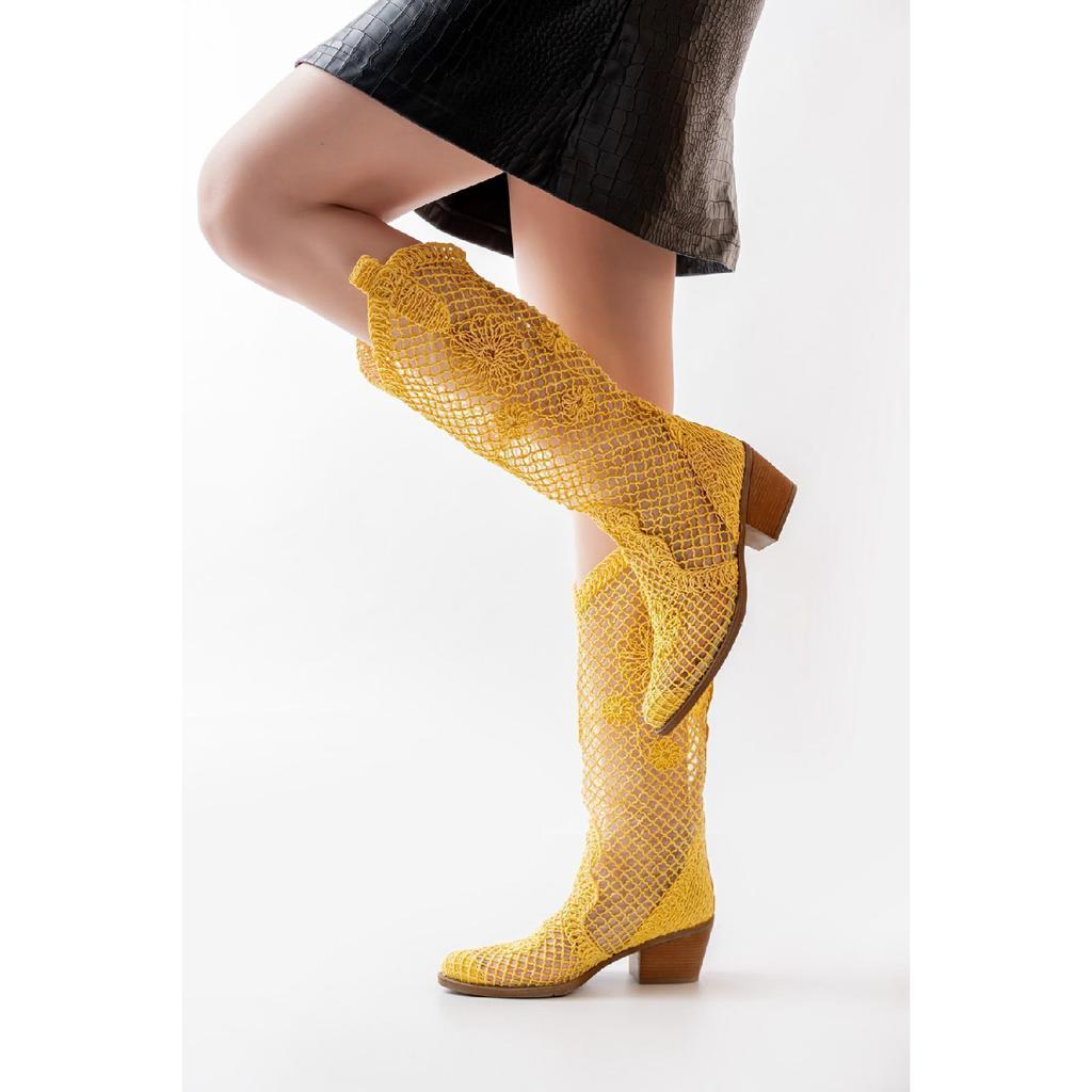 Длинные летние сапоги в стиле вестерн из белой кружевной ткани в ковбойском стиле