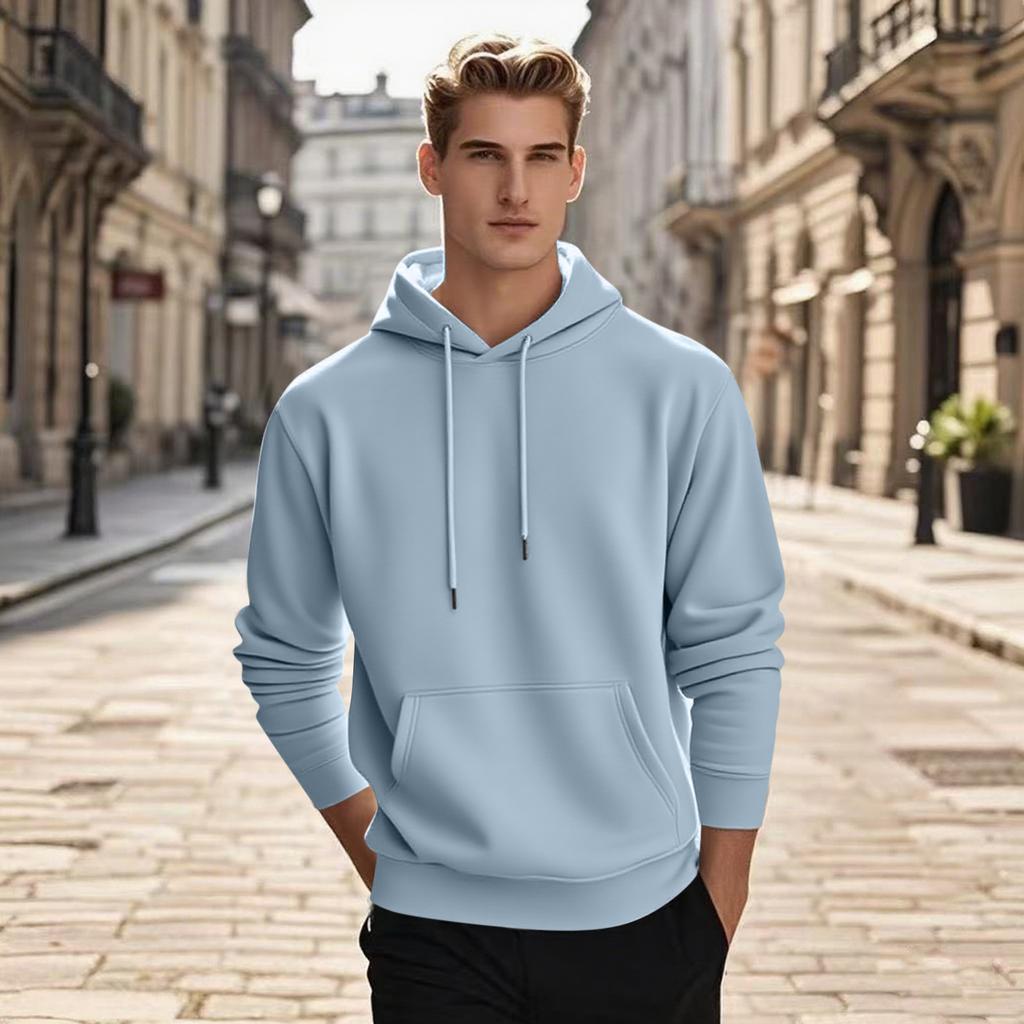 Men's Pullover Hooded Sweatshirt Solid Color Round Neck Loose Hoodie Long Sleeve Top