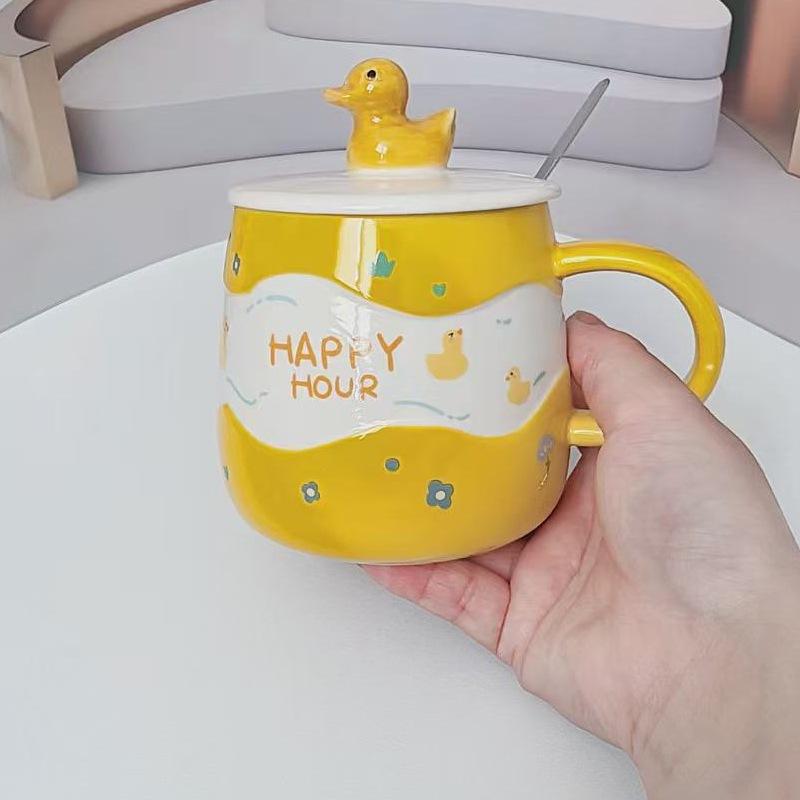 Керамическая чашка с мультяшным дизайном, с крышкой и ложкой, масляный утенок, для микроволновой печи, можно нагревать воду, забавная кружка, керамическая чашка