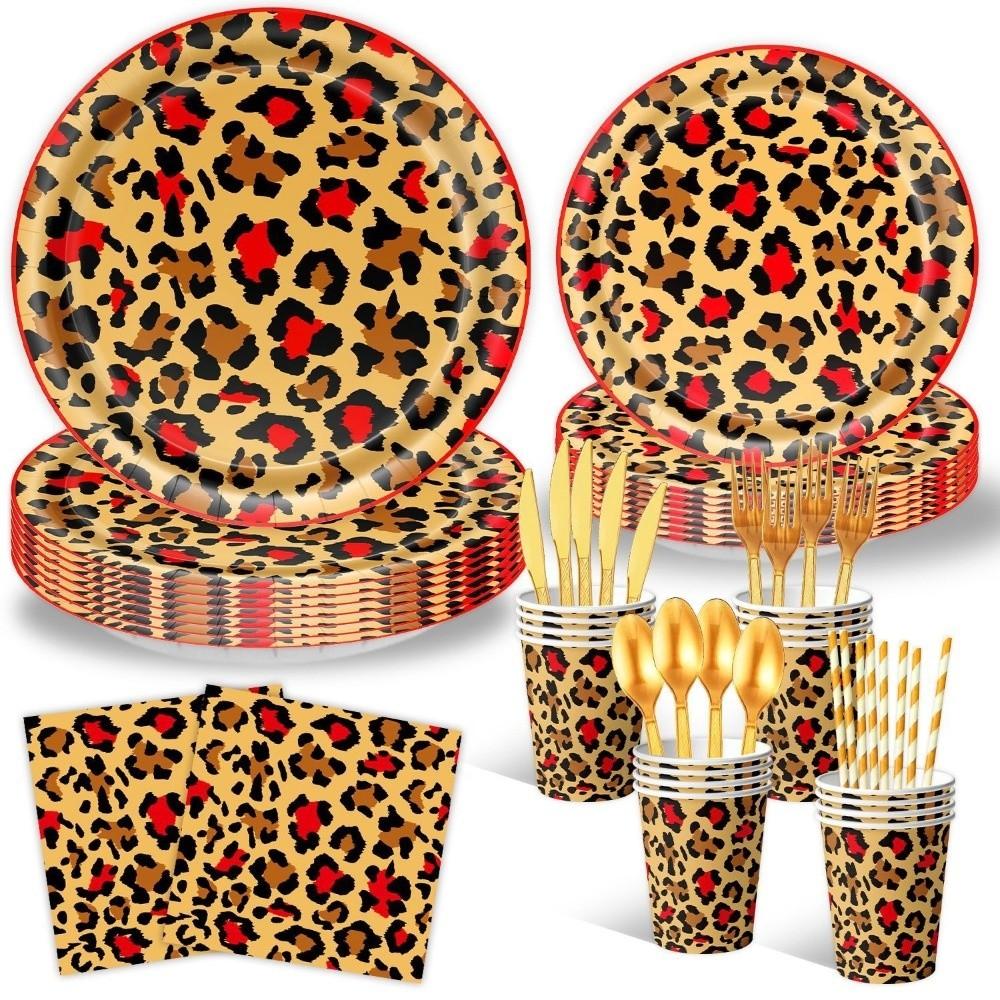 96 шт. Скатерть Набор посуды Салфетка Леопард Принадлежности для вечеринки Мальчики Дети Женщины