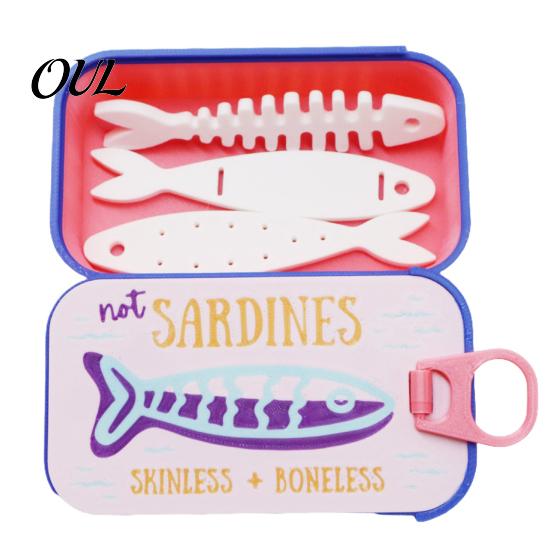 Whimsical Jewelry Container Sardine Tin Box with Fishbone, PLA Vintage Compact Size Decorative Vanity Accessory Organizer, Portable Storage
