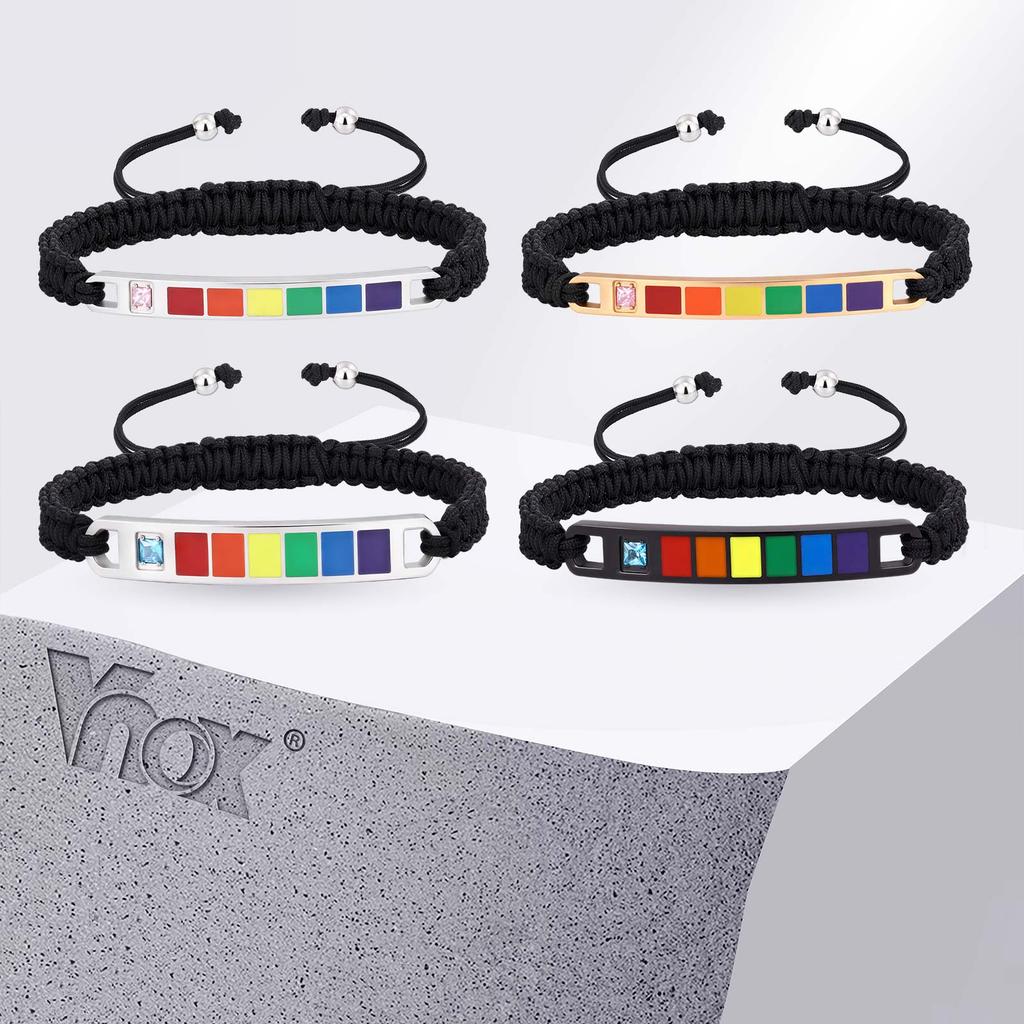 Регулируемый браслет Vnox Радужный Прайд, Стальная планка с цирконами, Плетеный нейлоновый браслет для ЛГБТК, Геев, Лесбиянок, Подарок