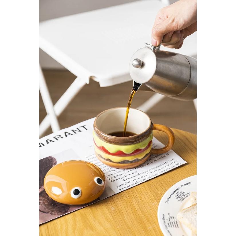 300ML Coffee Mugs Creative Hamburger Shaped Water Cup with Lid Cute and Cute Breakfast Cup Large Capacity Ceramic Hamburger Mug