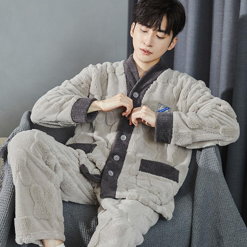 Комплект из 2 предметов осенне-зимняя фланелевая мужская пижама теплые длинные рукава длинные брюки плюс утолщенная домашняя одежда из бархата