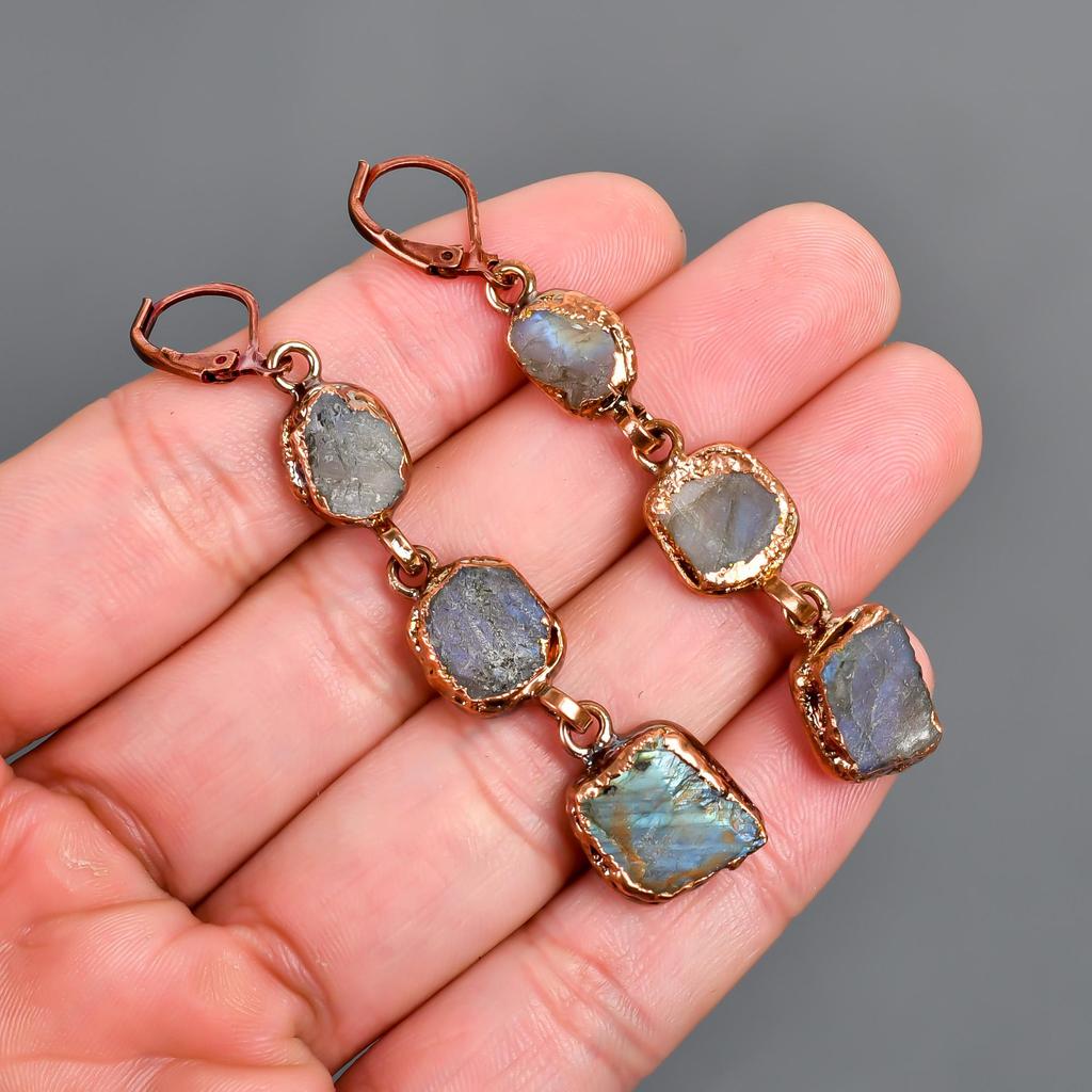 Natural Labradorite Multi Electroformed Earrings, Multicolor Drop & Dangle Earrings, Copper Jewelry, Anniversary Gift, Earrings For Mother