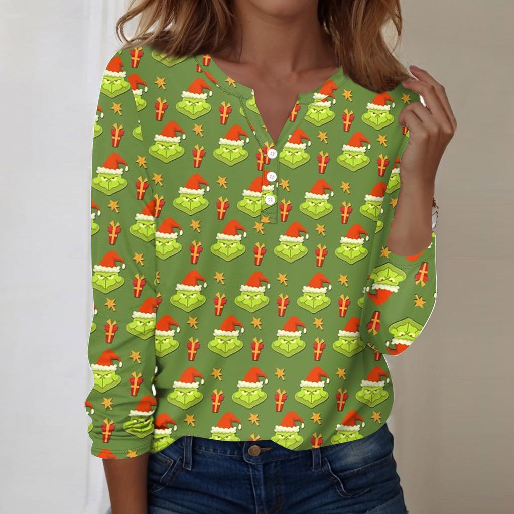 Women's Fashion Casual V-Neck Long Sleeve Decorative Button Christmas Print Top