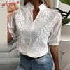 Chic Hollow-out White Lace Blouse Hook Flower Embroidery V Neck Casual Solid Color Shirt Half Puff Sleeve Elegant Top Women