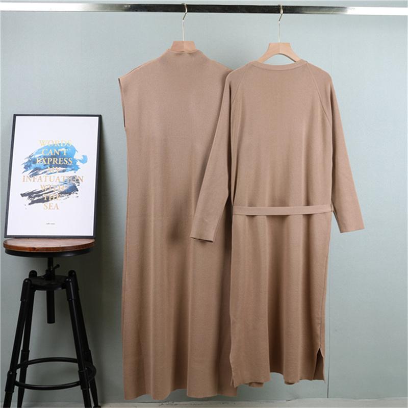 Женский осенний модный длинный вязаный кардиган, платье-жилет без рукавов в комплекте с длинным вязаным кардиганом, набор из двух предметов