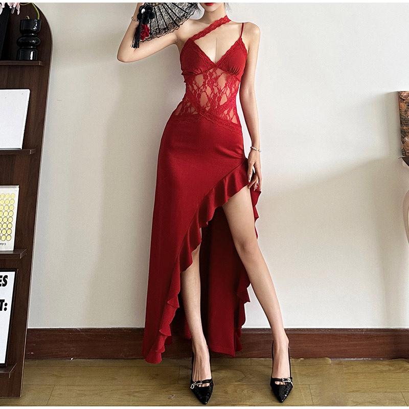 Сексуальное платье-слинг с косым воротником, женское кружевное лоскутное платье с открытой спиной и рукавами, облегающее длинное платье 2025 года, новое женское вечернее платье с оборками и разрезом