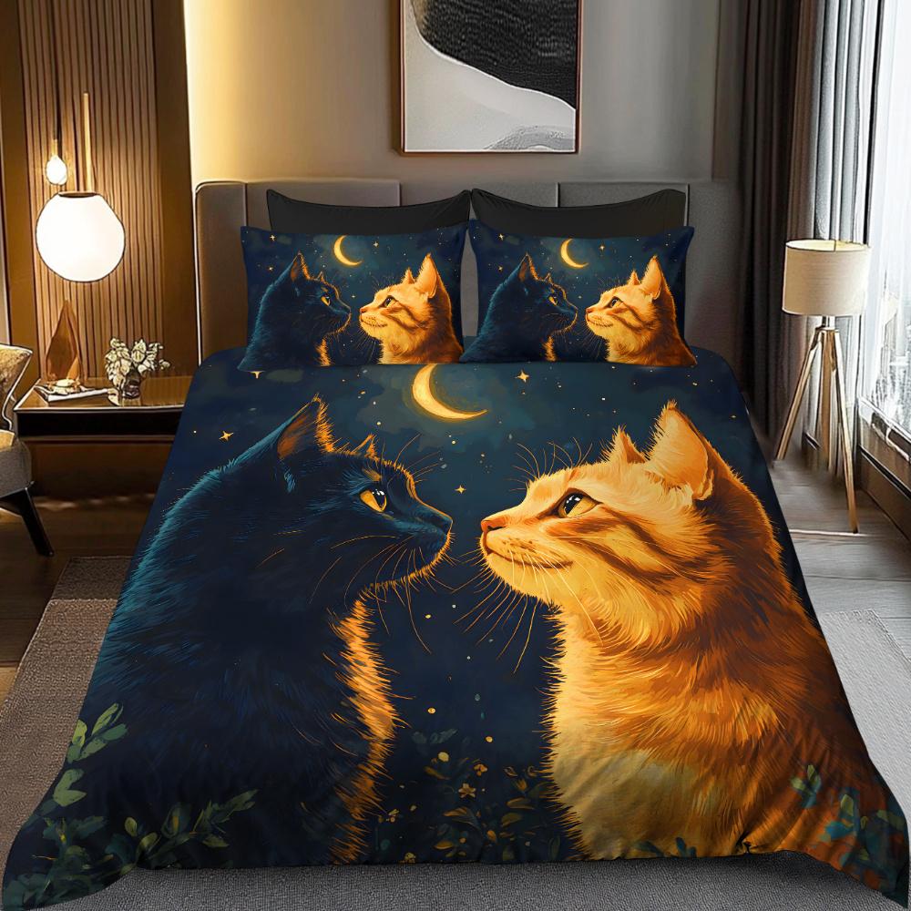Bedding Set With Digital Print Dreamy Cat Silhouette Design Theme Full Polyester Fleece Digital Printed Duvet Cover Set
