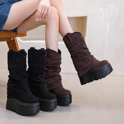 2025 Новые женские ботильоны высотой 14 см – на толстой подошве, с необычным присборенным дизайном для осени/зимы