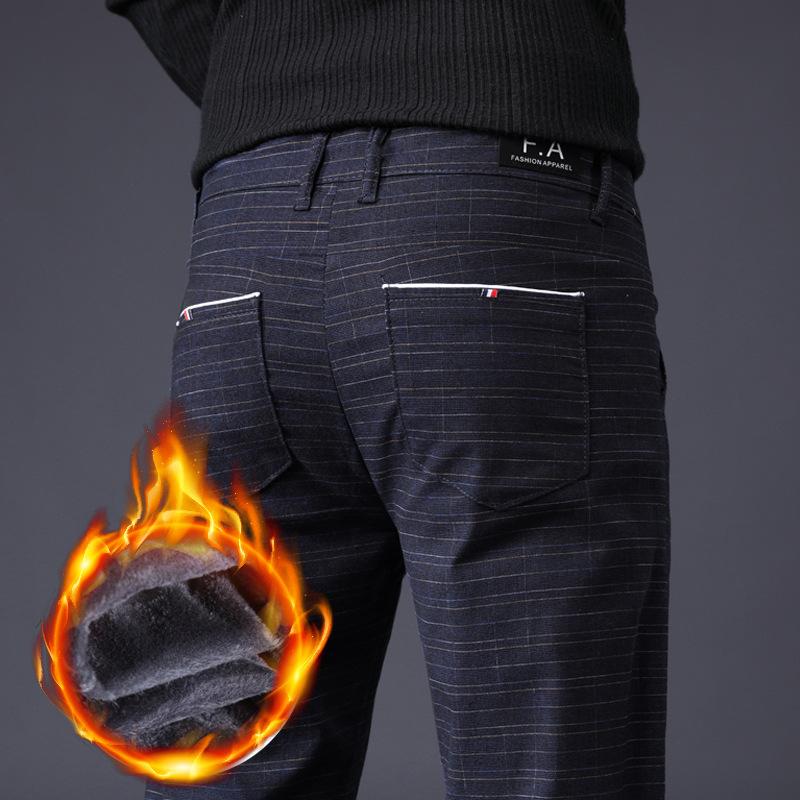 2024 Осень и зима Новый стиль клетчатые и плюшевые толстые повседневные брюки облегающие брюки, износостойкие брюки из хлопка и льна для мужчин