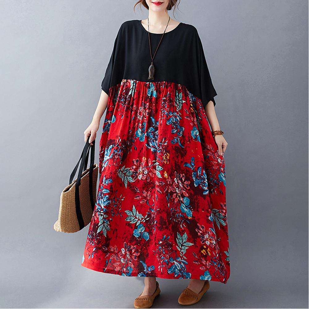 Женское хлопково-льняное платье с цветочным принтом и карманами до середины икры, свободный круглый вырез с короткими рукавами, повседневные размеры больших размеров