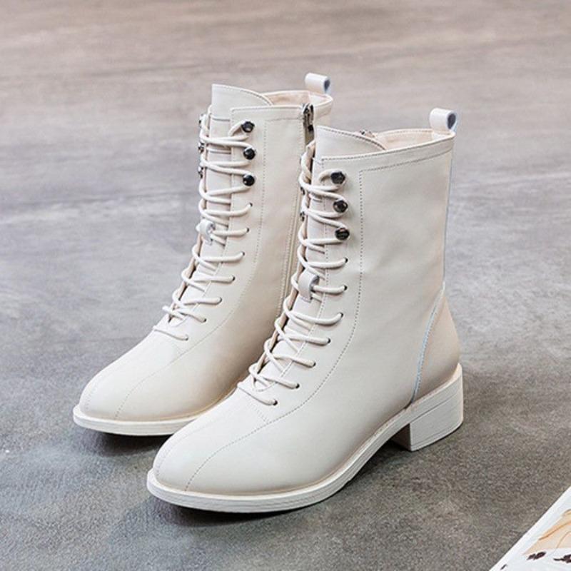Fashion Footwear Elegant with Medium Heels Female Ankle Boots Booties Laces Lace-up White Short Shoes for Women Fur On Promotion Cosplay