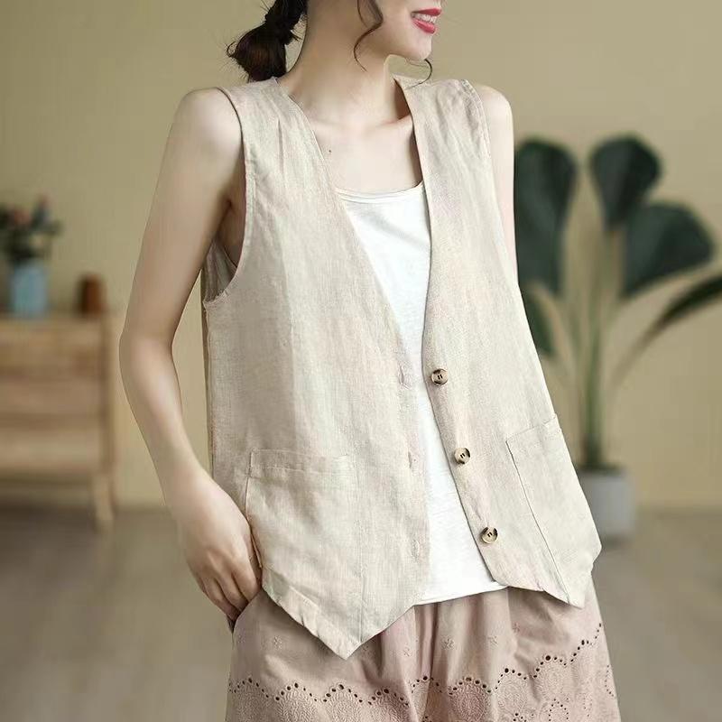 Women's Linen Vest Summer Casual Sleeveless Cardigans Jacket Loose Thin Casual Button Vest Top Female Streetwear Vest Coat