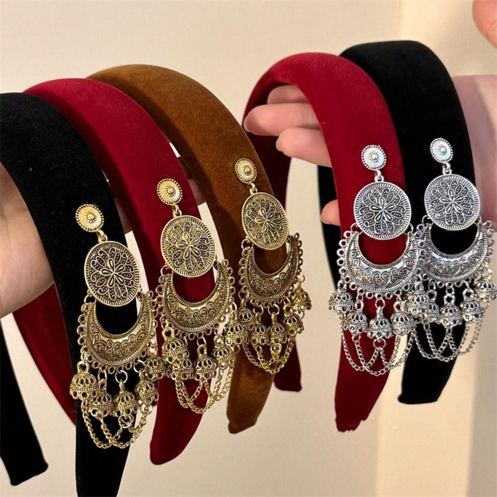 Ретро-повязка на голову с колокольчиком и кисточками, бархатная китайская боковая заколка, креативный этнический обруч для волос для женщин