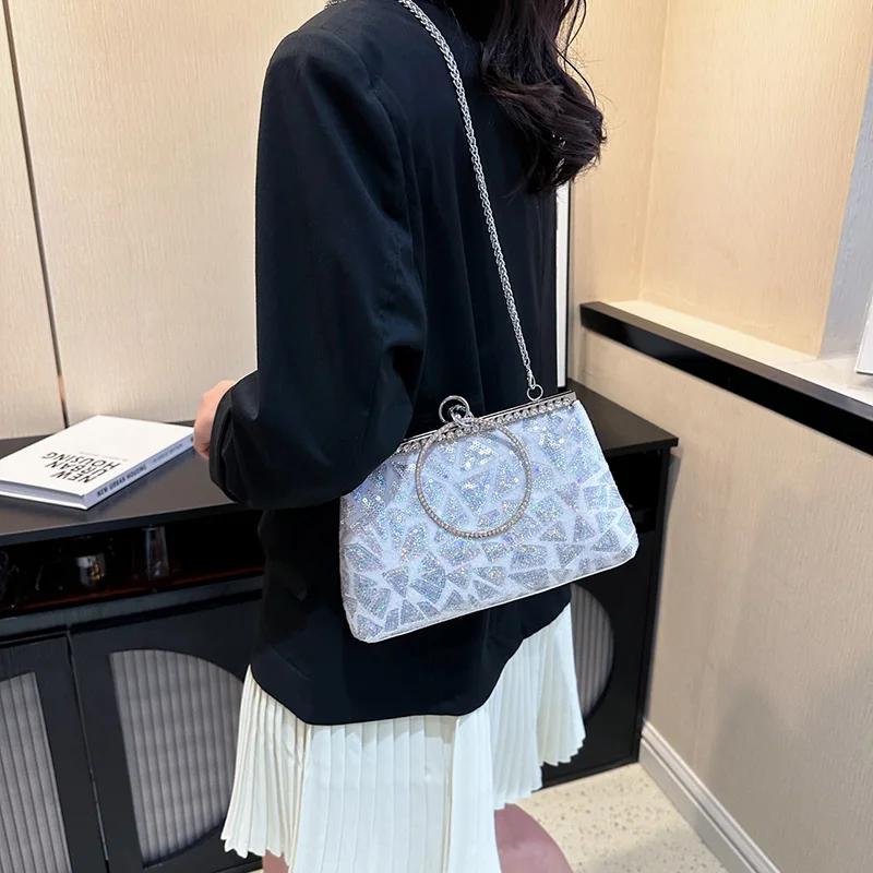 Сумки-мессенджеры с блестками и кристаллами на цепочке для женщин, блестящая сумочка-клатч с зажимом для роскошной свадебной вечеринки, дизайнерский клатч