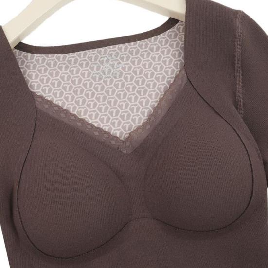 Women Thermal Tops Solid Color V-Neck Long Sleeve Velvet Lining Seamless Elastic Bottom Tops Winter Thermal Blouse