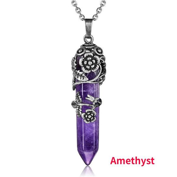 Мода Натуральный Кристалл Шестиугольная Колонка Винтаж Сплав Роза Кулон Аметист Кристалл Ожерелье