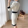 French Elegant Party Color Contrast Dress Women Vintage Slim Mid-length Knitted Dresses Female Korean Fashion Design Casual Clothes