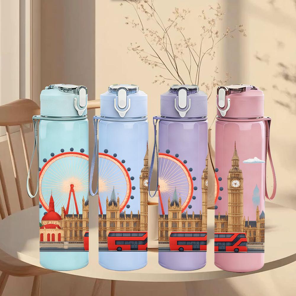 1PC London Ferris Wheel Scene 750ml Color Plastic Sports Water Bottle Leakproof Flip Straw Lid For Sports Office Home Use