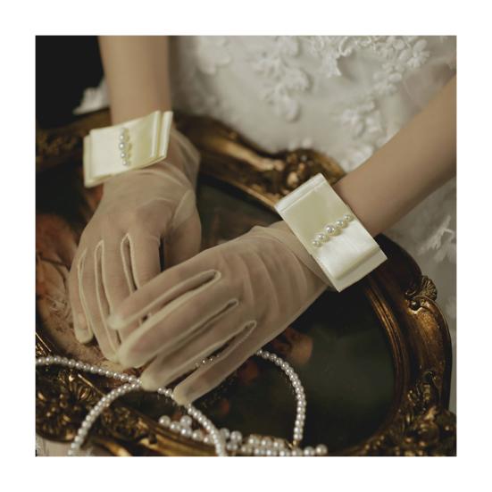 Сатиновые перчатки невесты Короткие тюлевые свадебные перчатки Прозрачные короткие перчатки на запястье с бантом и искусственным жемчугом для выпускного вечера, вечернего мероприятия, чаепития