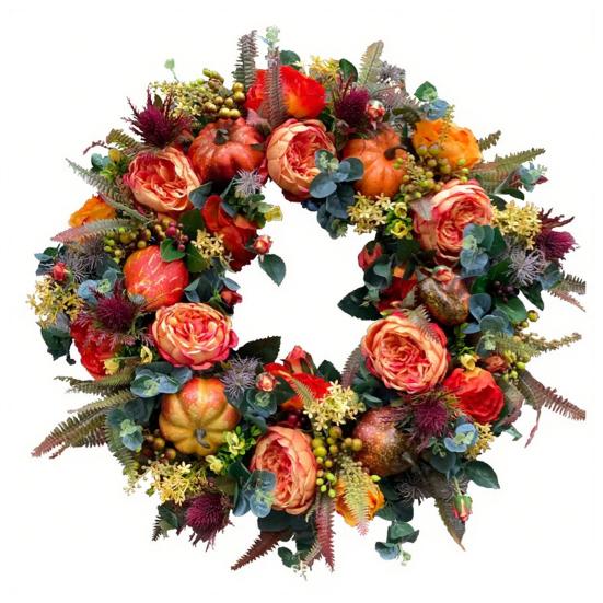 Осенний венок из пионов и тыкв, искусственная гирлянда из веток, винтажная цветочная гирлянда, сезонное украшение на дверь для Дня благодарения, декор урожая
