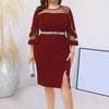 Women Dress See-through Mesh Patchwork Split Hem Sheath Slim Fit Three Quarter Sleeves Shiny